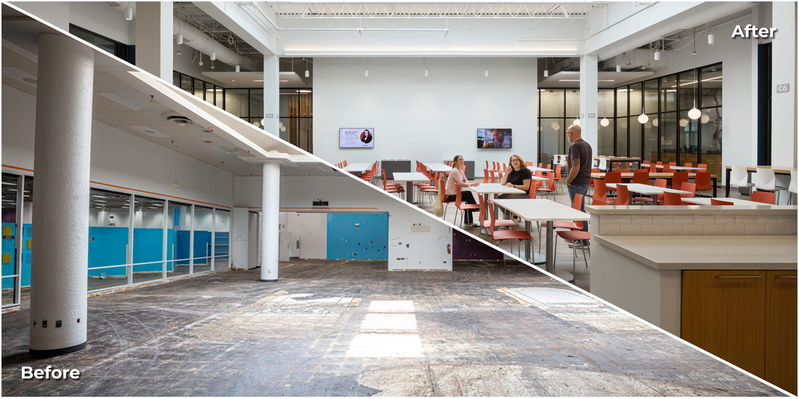 Before and after photo of the Discover cafeteria.