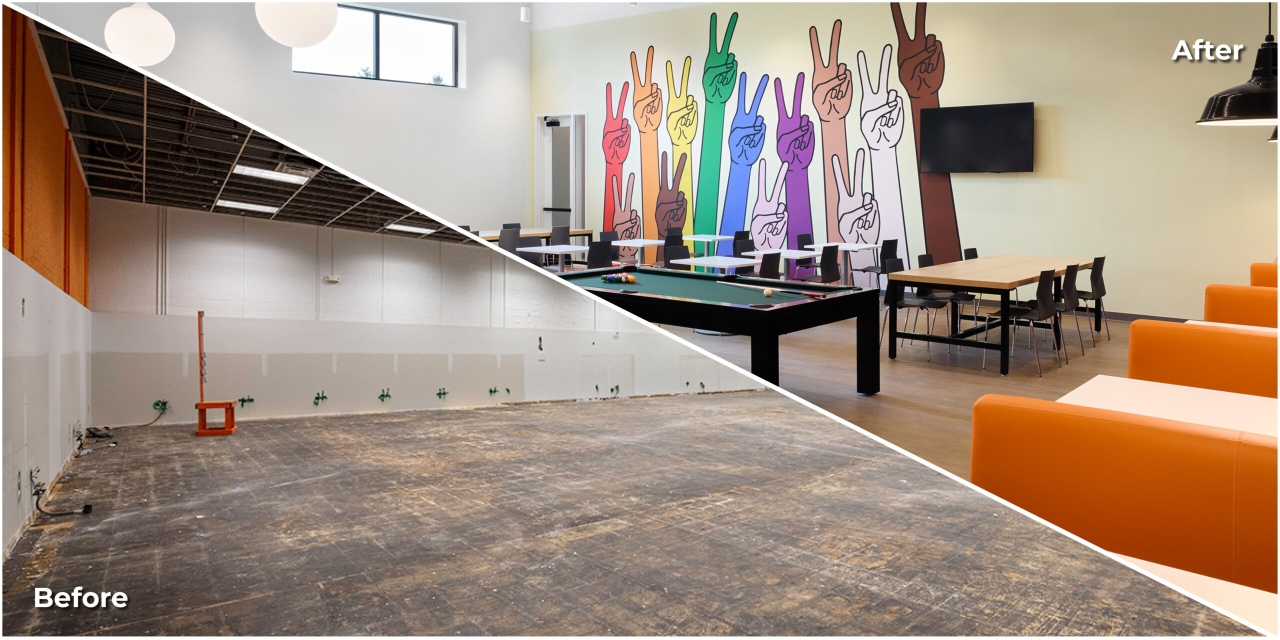Recreation room with pool table, ping pong table, booth and bar-style seating areas. Wall mural features hands with peace signs in rainbow colors to promote inclusivity and diversity.