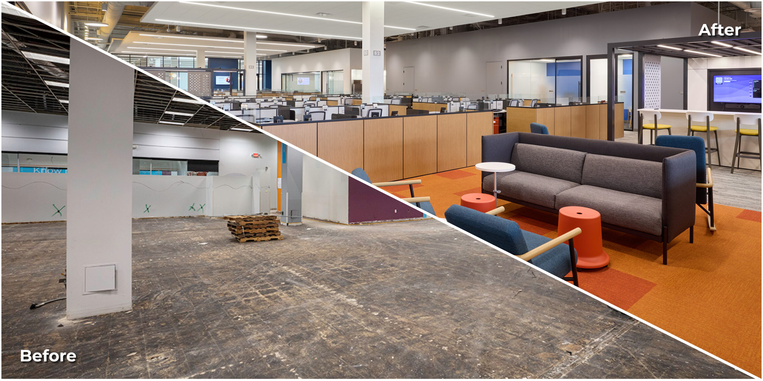 Before and after photo of redesigned workspace