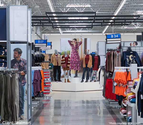 Image of Walmart interior redesign showing store of the future apparel section.