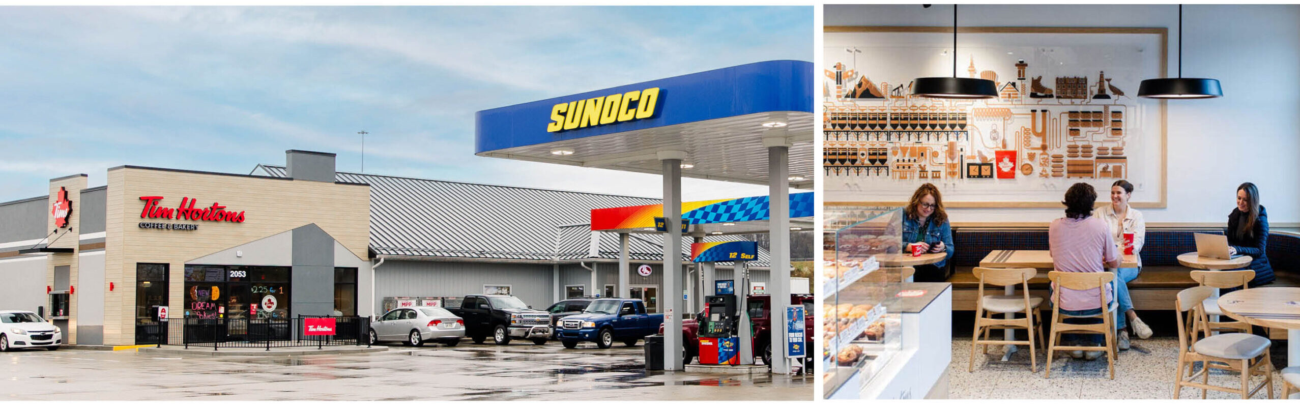 New Tim Hortons location attached to convenience and fuel center, featuring indoor dining.