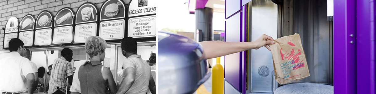 Black and white photo from 1950's of customers ordering at Taco Bell as compared to a color photo from the Taco Bell Defy drive-thru in 2024 showing the generations shaping QSR industry trends.